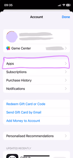 Screenshot of the iPhone App Store profile page with a highlight on the Apps section