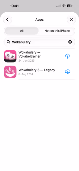 Capture d’écran de l’historique des apps de l’App Store sur iPhone montrant Wokabulary