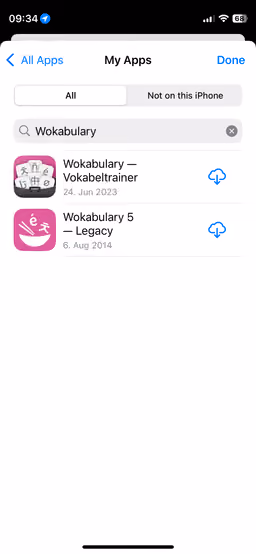 Screenshot of the iPhone App Store apps history section showing Wokabulary