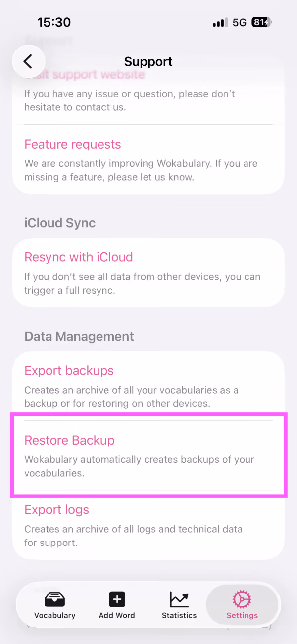 Capture d’écran des réglages Support sur iPhone avec le bouton de restauration des sauvegardes mis en évidence.
