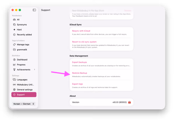Capture d’écran des réglages Support sur Mac avec le bouton de restauration des sauvegardes mis en évidence.