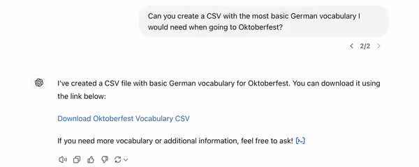 Capture d’écran d’une conversation où l’on demande à ChatGPT de générer un fichier CSV avec du vocabulaire pour aller à l’Oktoberfest.