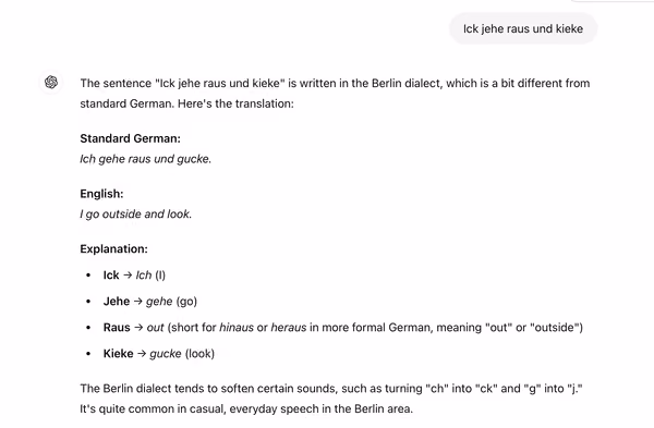 Capture d’écran d’une conversation où l’on demande à ChatGPT de traduire une phrase en dialecte berlinois