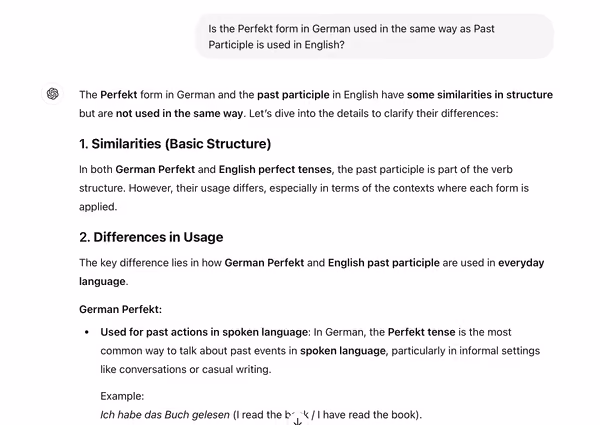 Capture d’écran d’une conversation où l’on demande à ChatGPT de comparer le Perfekt allemand au participe passé anglais