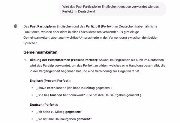 Screenshot eines ChatGPT-Gesprächs, das dazu auffordert, das Perfekt im Deutschen mit dem Past Participle im Englischen zu vergleichen