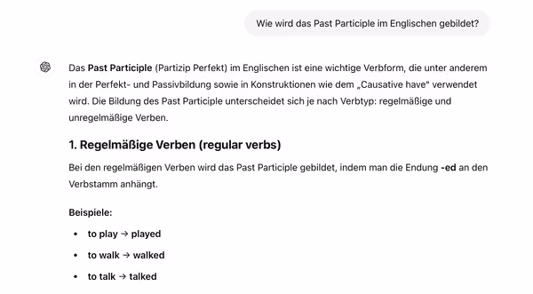Screenshot eines ChatGPT-Gesprächs, das dazu auffordert, das Perfekt im Deutschen zu erklären