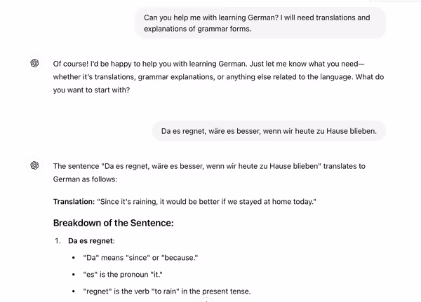 Capture d’écran d’une conversation où l’on demande à ChatGPT de jouer le rôle de professeur d’allemand