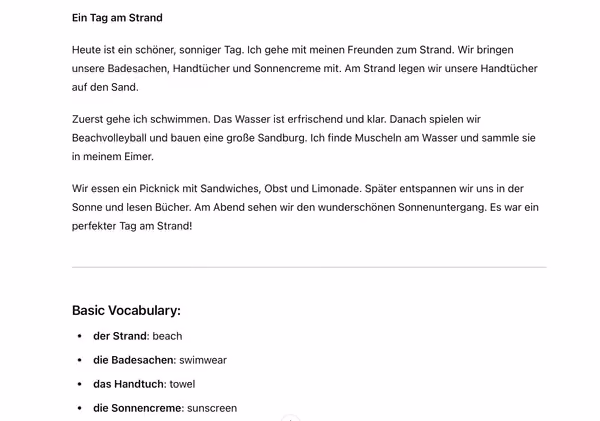 Capture d’écran d’une conversation où l’on demande à ChatGPT d’écrire un petit texte en allemand sur une journée à la plage.