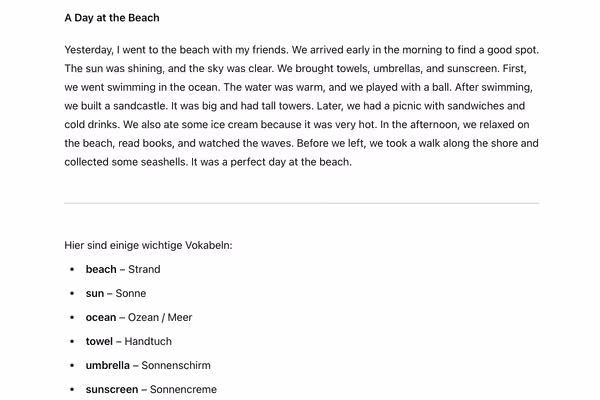 Screenshot eines ChatGPT-Gesprächs, das dazu auffordert, einen kurzen deutschen Text über einen Tag am Strand zu schreiben.
