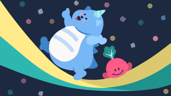 Illustration eines kleinen Haetae und eines kleinen Rettichs, die vor einem dunklen Hintergrund mit Konfetti auf einem Regenbogen-Band laufen und sich freuen.