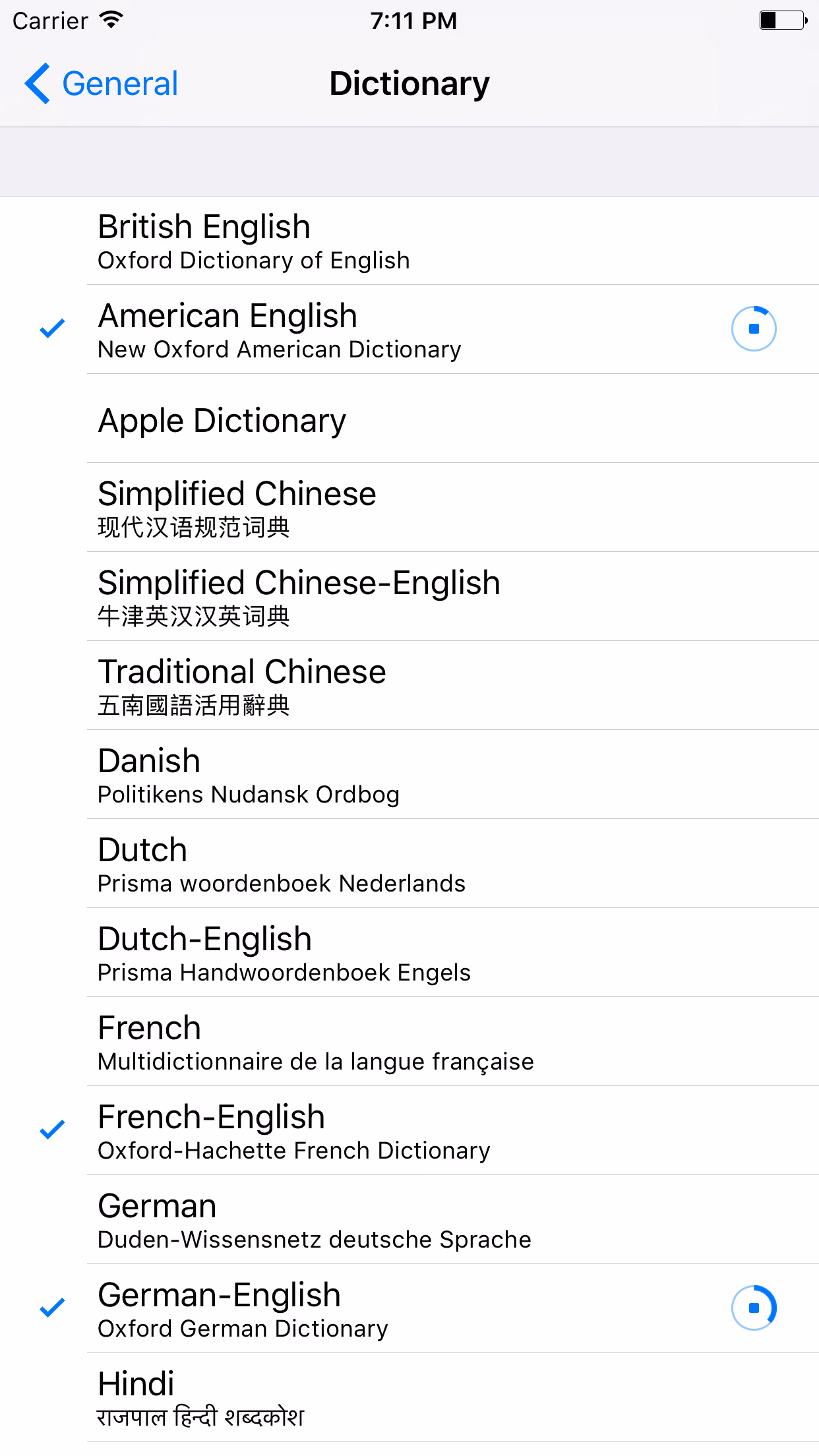 Réglages du dictionnaire sur iOS