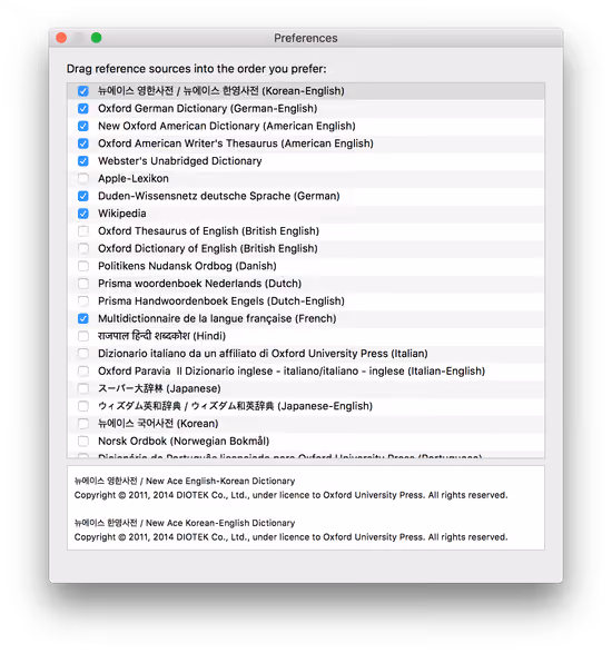 Réglages des langues de l’app Dictionnaire de macOS