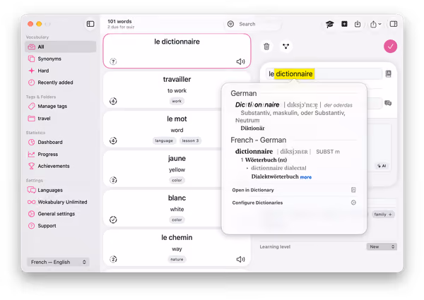 Capture d’écran de Wokabulary sur Mac, avec la fenêtre de recherche dans le dictionnaire ouverte.