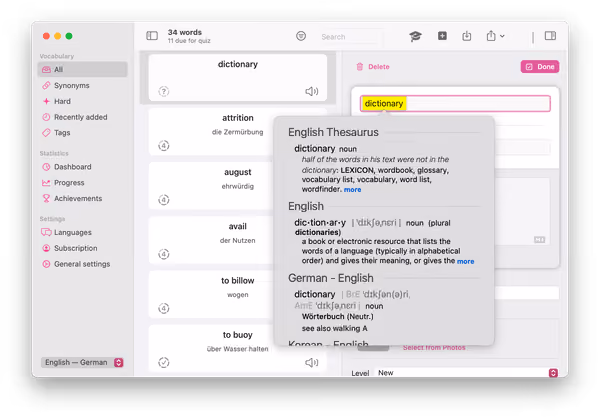 Screenshot des Popovers zum Nachschlagen im Wörterbuch in Wokabulary