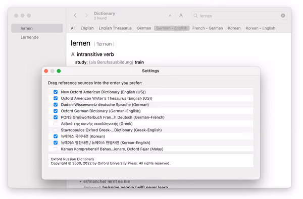 Capture d’écran de l’app Dictionnaire de macOS et de ses réglages