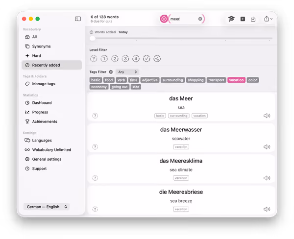 Screenshot of the recently added word list view with the filter for the tag 'vacation' applied.
