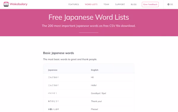 Screenshot der kostenlosen CSV Wortliste in Japanisch und Englisch in Wokabulary