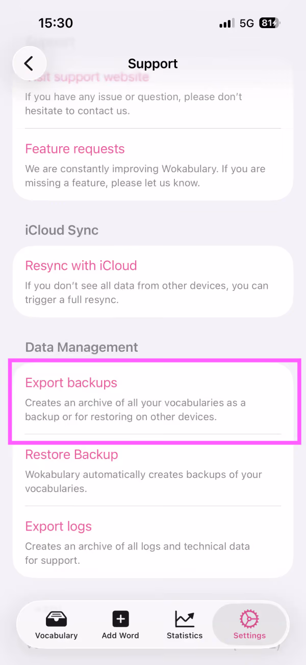 Screenshot of the iPhone support settings with a highlight on the full data export button.