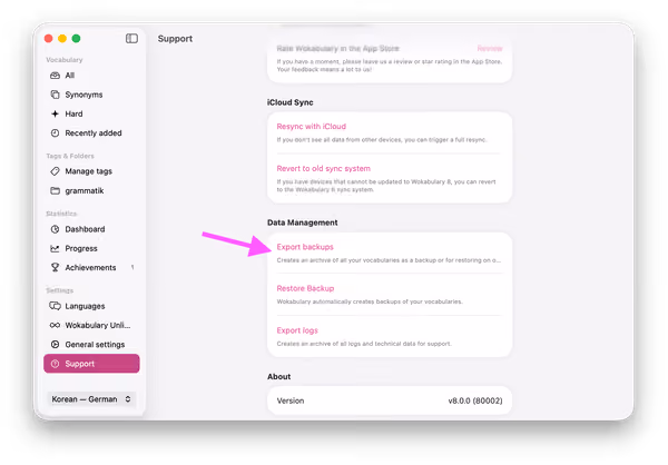 Screenshot of the Mac support settings with a highlight on the full data export button.