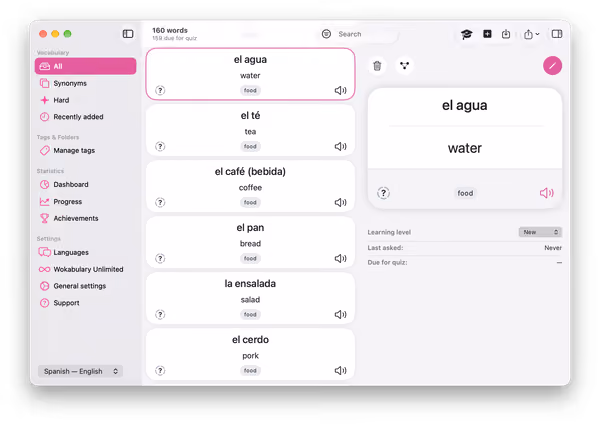 Capture d’écran d’un vocabulaire allemand-espagnol dans Wokabulary montrant des noms avec leurs articles.