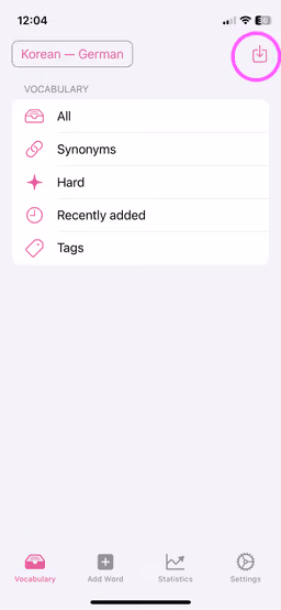 Screenshot of Wokabulary on iPhone with the Import button in the toolbar highlighted