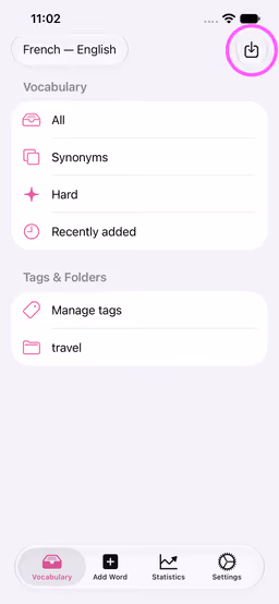 Capture d’écran de Wokabulary sur iPhone avec le bouton Importer mis en évidence dans la barre d’outils