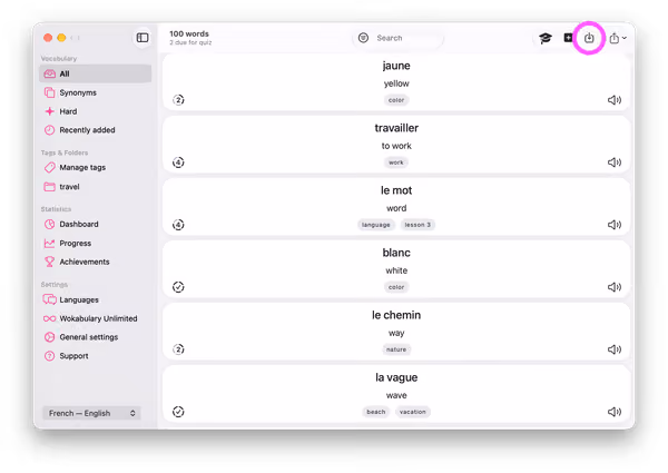 Capture d’écran de Wokabulary sur macOS avec le bouton Importer mis en évidence dans la barre d’outils