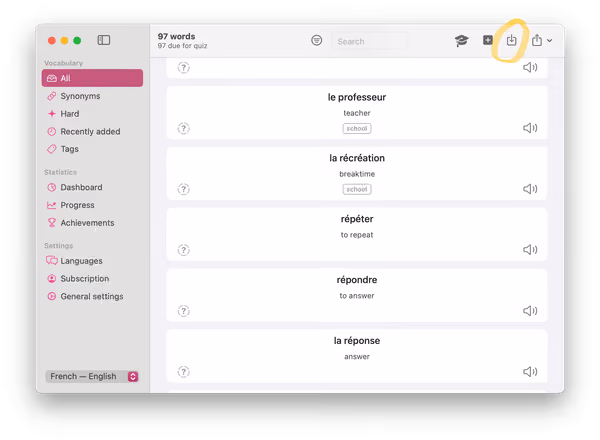 Screenshot of Wokabulary on macOS with the Import button in the toolbar highlighted