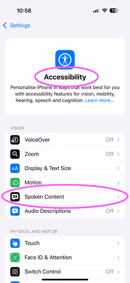 Screenshot of the iOS System Settings with highlighting on Accessibility, Spoken Content