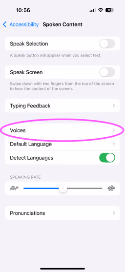 Screenshot of the Spoken Content Settings in iOS System Settings with highlighting on Voices