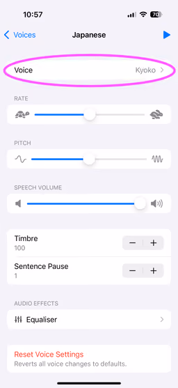 Screenshot of the Voice Settings for Korean in iOS System Settings 