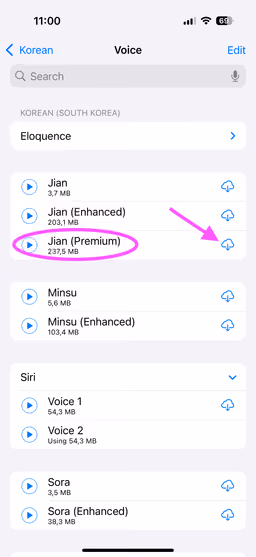 Screenshot of the voice selection for Korean in iOS System Settings with a highlight on the download button for a premium voice
