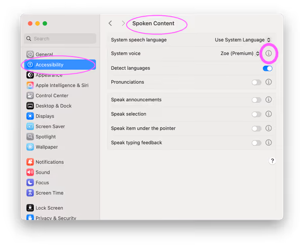 Screenshot of the macOS System Settings with highlighting on Accessibility, Spoken Content, System Voice, Manage Voices
