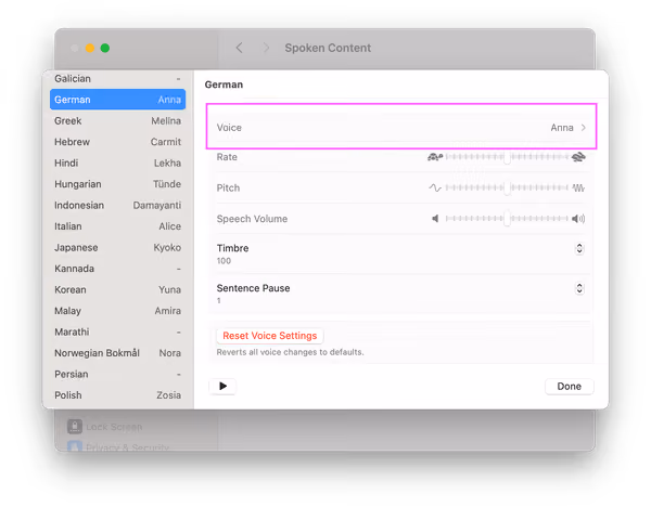 Screenshot of the Spoken Content Voice Management in macOS System Settings with highlighting on selecting the language