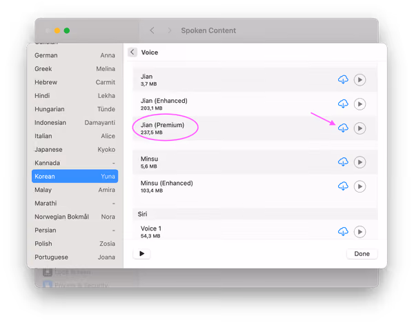 Screenshot of the Spoken Content Voice Management in macOS System Settings with highlighting on Premium Voices