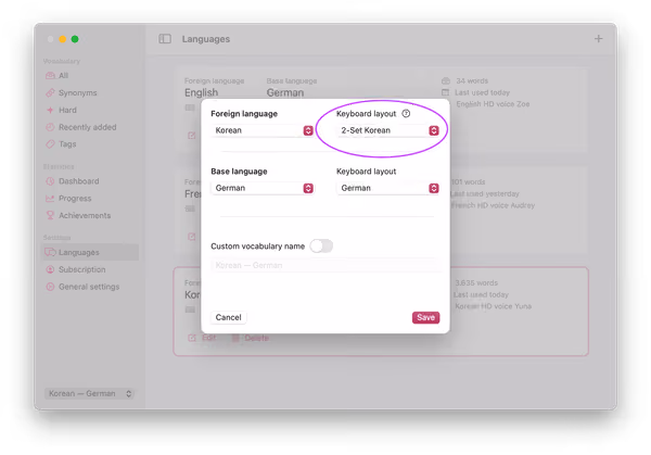 Capture d’écran de la gestion des langues dans Wokabulary pour Mac avec le choix de la disposition de clavier mis en évidence.