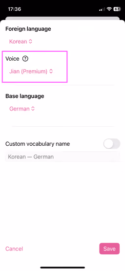 Screenshot of the editing view of a language in Wokabulary