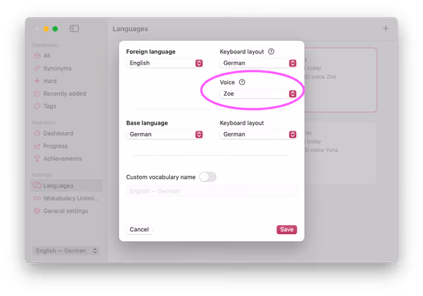 Screenshot of the editing view of a language in Wokabulary
