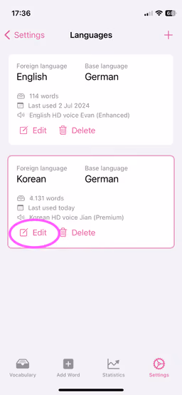 Screenshot of the language settings in Wokabulary