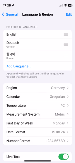 Language & Region System Settings on iPhone