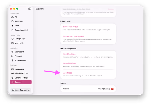 Screenshot of the Mac support settings with a highlight on the logs export button.