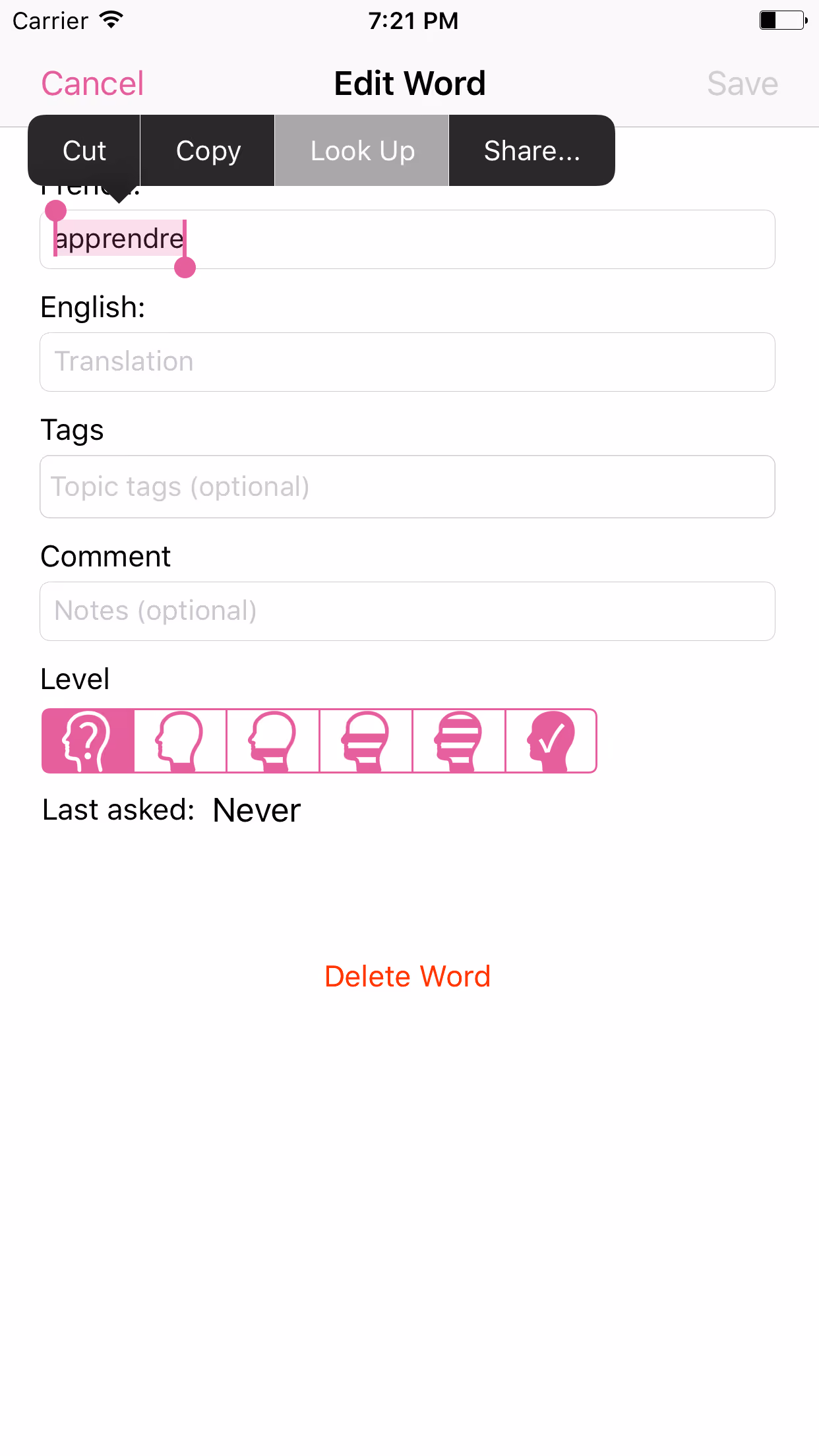 Chercher des mots depuis Wokabulary sur iOS