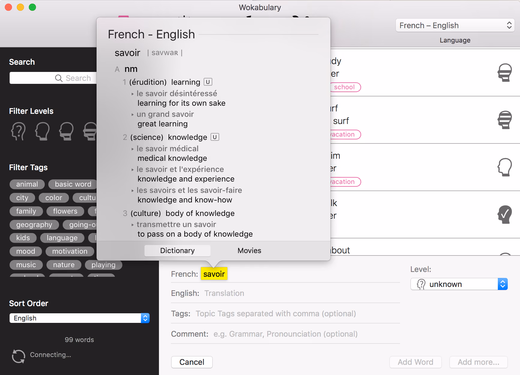 Chercher des mots avec un clic forcé depuis Wokabulary sur Mac