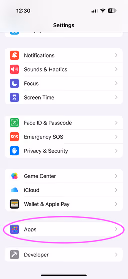 Screenshot of the iOS System Settings with highlighting on Apps