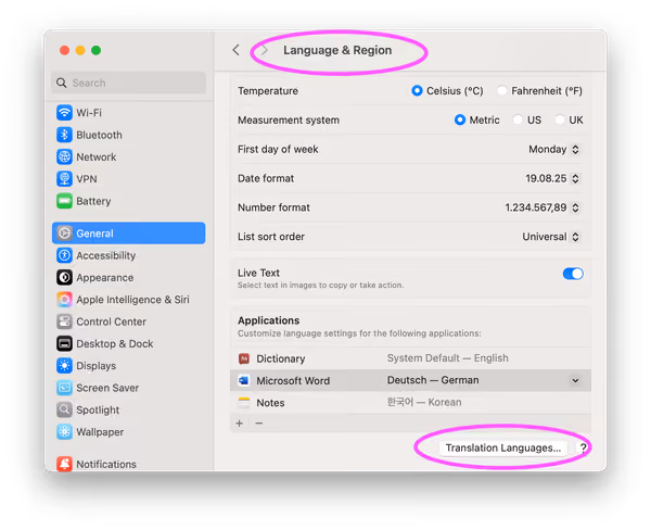 Screenshot of the macOS System Settings with highlighting on Language & Region, Translation Languages