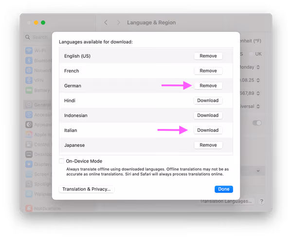 Screenshot of the translation language management view in macOS System Settings