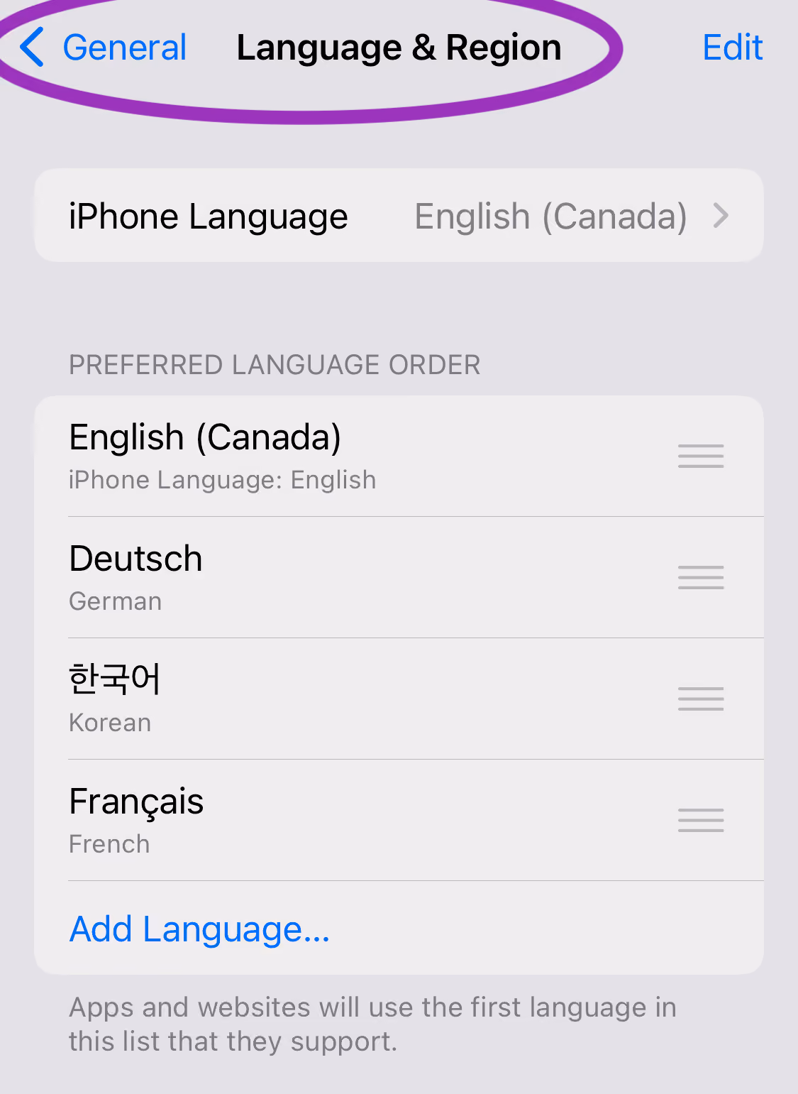 Langues préférées des apps sur iOS
