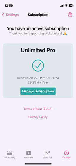 Screenshot of the Subscription screen in Wokabulary on iPhone, depicting the Manage Subscription button.