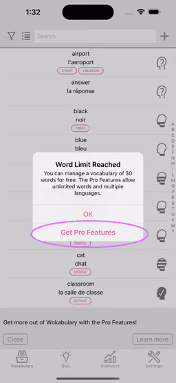 Screenshot of the Wokabulary 5 demo limit reached alert