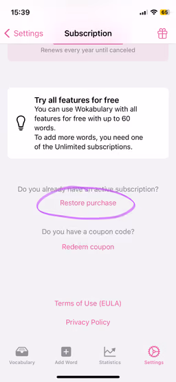 Capture d’écran de l’écran d’achat de Wokabulary avec le bouton de restauration mis en évidence